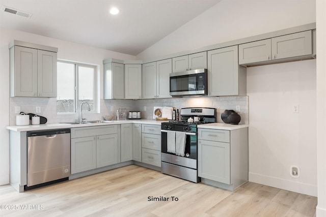 703 Vineyard Street (Phase 2Lot 21) Spec, Grandview, WA 98930 - kitchen featuring stainless steel appliances, gray cabinetry, a sink, lofted ceiling, and decorative backsplash