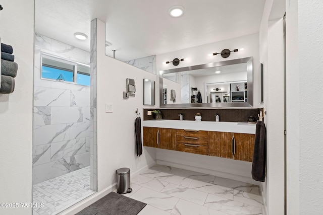 5709 Marilane St, Yakima, WA 98908 - full bath with marble look tiles, walk in shower, double vanity, and recessed lighting