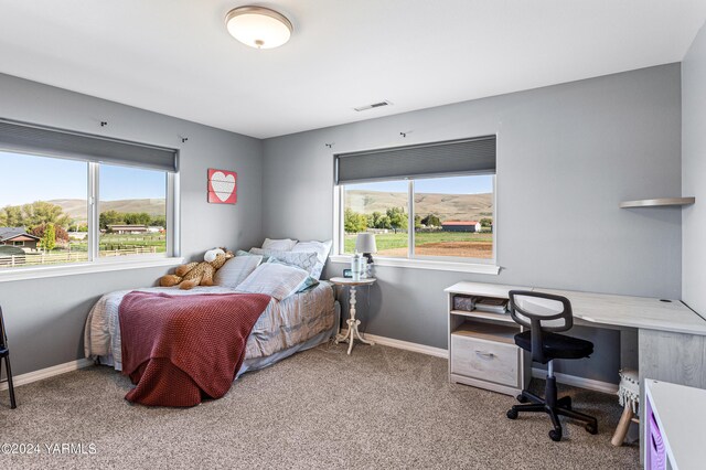 carpeted bedroom featuring baseboards, visible vents, and a mountain view