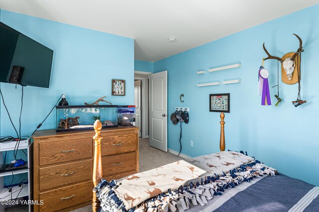 bedroom with light carpet and baseboards