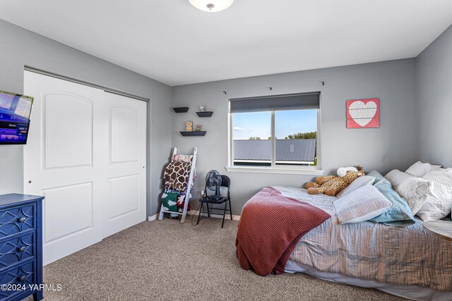 carpeted bedroom featuring baseboards and a closet