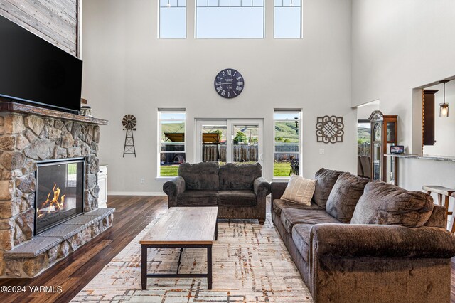 living area featuring a fireplace, wood finished floors, and baseboards