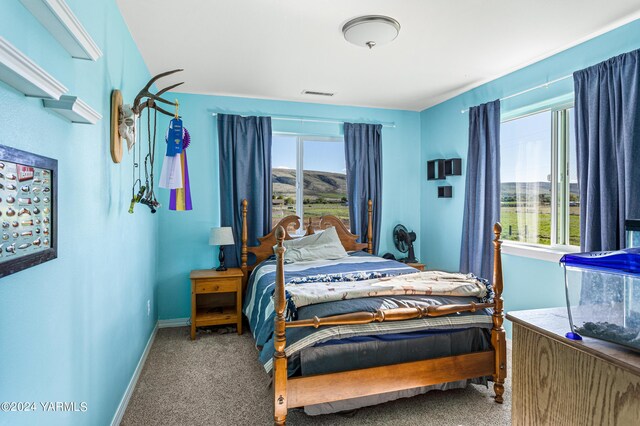 carpeted bedroom with visible vents and baseboards