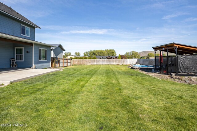 view of yard featuring a patio, a fenced backyard, and a fenced in pool