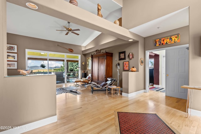 131 Katie Ln, Selah, WA 98942 - foyer with a ceiling fan, high vaulted ceiling, wood finished floors, and baseboards