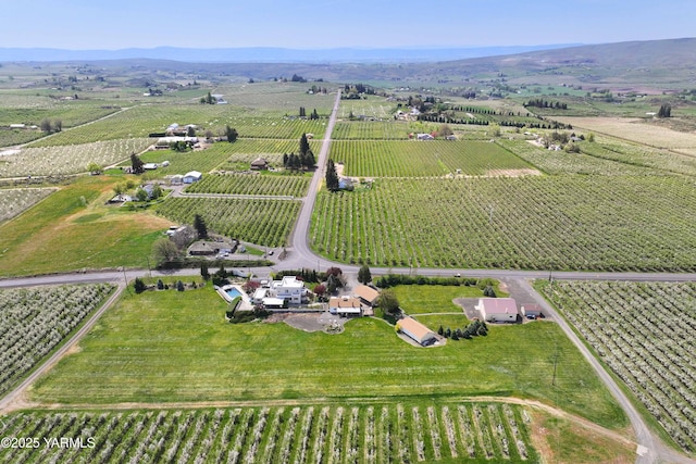 drone / aerial view with a mountain view and a rural view