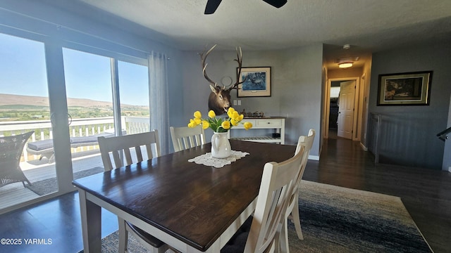 15911 Fisk Rd, Yakima, WA 98908 - dining space featuring ceiling fan, dark wood-type flooring, baseboards, and a textured ceiling