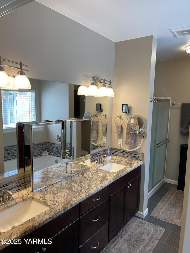 522 Adobe Way, Selah, WA 98942 - full bath with a stall shower, double vanity, and tile patterned floors