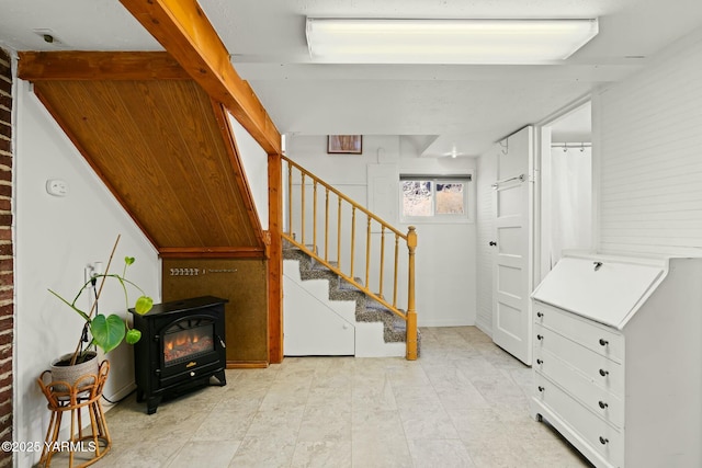 interior space featuring a wood stove