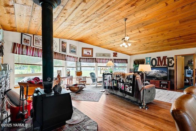 2810 S 79th Ave, Yakima, WA 98903 - living area with a wood stove, lofted ceiling, wood finished floors, ceiling fan, and wood ceiling