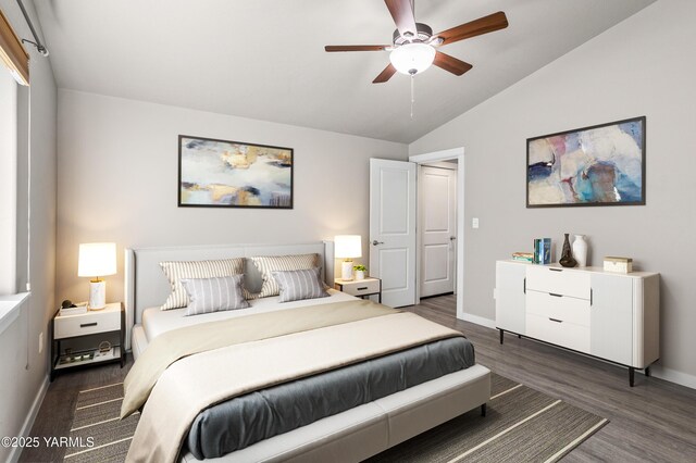 2201 S 62nd Ave, Yakima, WA 98903 - bedroom featuring dark wood-style flooring, vaulted ceiling, baseboards, and ceiling fan