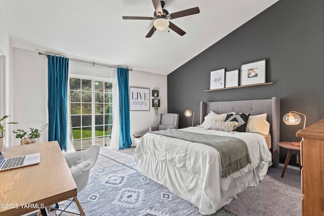 bedroom with a ceiling fan, access to exterior, carpet flooring, and lofted ceiling