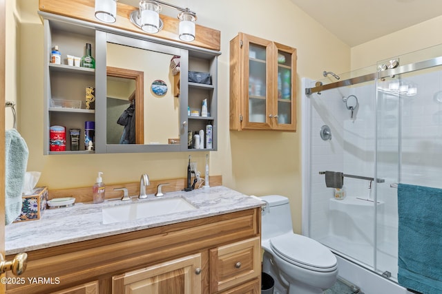 bathroom featuring a shower stall, toilet, and vanity