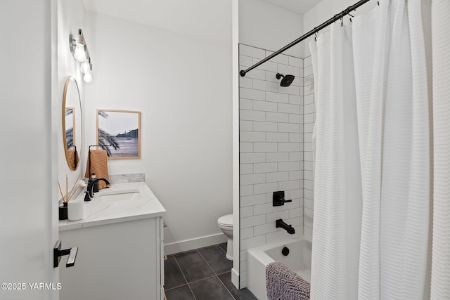 4611 Hilltop Way, Yakima, WA 98908 - bathroom with vanity, toilet, shower / bath combo with shower curtain, tile patterned floors, and baseboards