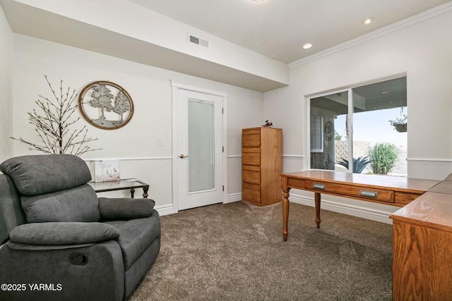 921 Tibbling Rd, Selah, WA 98942 - home office featuring carpet floors, ornamental molding, and recessed lighting