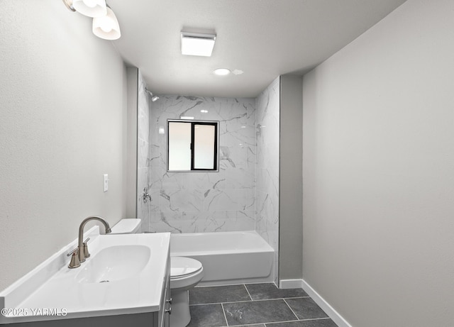 bathroom with tile patterned flooring, shower / washtub combination, toilet, vanity, and baseboards