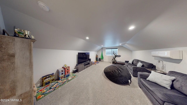 living area featuring carpet, vaulted ceiling, recessed lighting, and a wall mounted AC