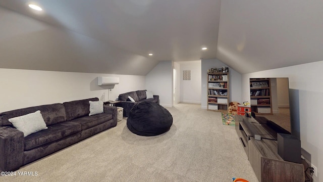 living area featuring light carpet, visible vents, vaulted ceiling, and recessed lighting