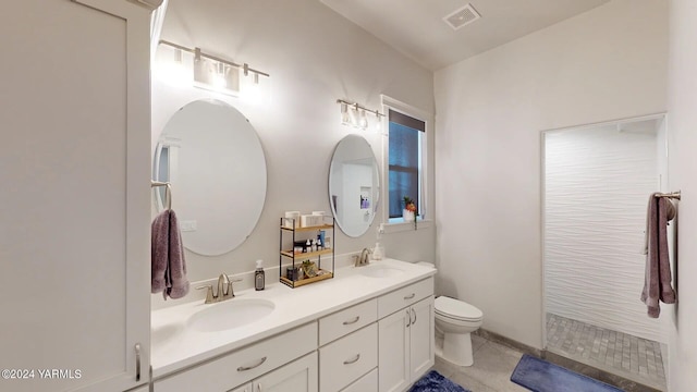 full bathroom with a walk in shower, double vanity, a sink, and visible vents