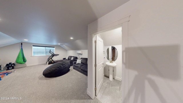 workout room featuring lofted ceiling, light carpet, baseboards, and recessed lighting