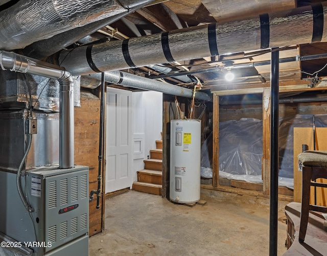 unfinished below grade area featuring water heater and stairs