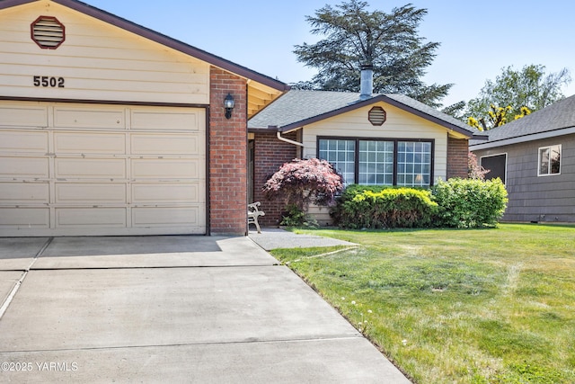 5502 Bristol Way, Yakima, WA 98908 - ranch-style house featuring roof with shingles, brick siding, a garage, a front yard, and concrete driveway