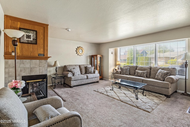 5502 Bristol Way, Yakima, WA 98908 - living room with baseboards, a textured ceiling, carpet, and a tile fireplace