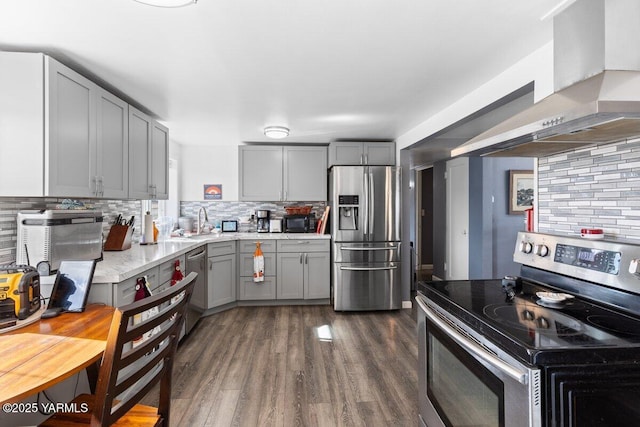 kitchen with backsplash, gray cabinetry, dark wood-type flooring, appliances with stainless steel finishes, and wall chimney exhaust hood