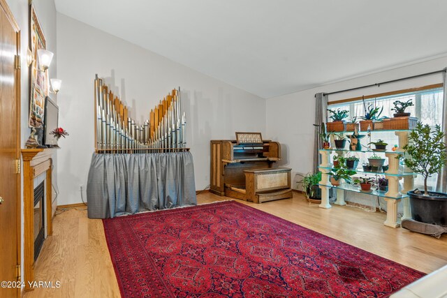 living area featuring lofted ceiling, wood finished floors, and a glass covered fireplace
