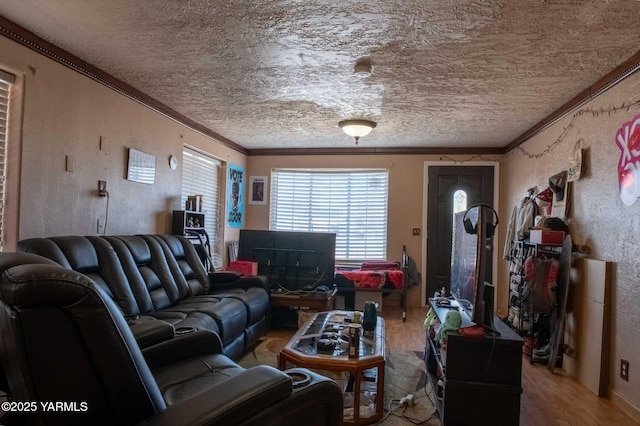living area with a textured wall, crown molding, and wood finished floors