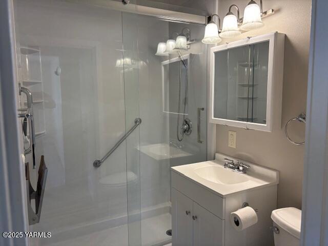 bathroom with vanity, a stall shower, and toilet