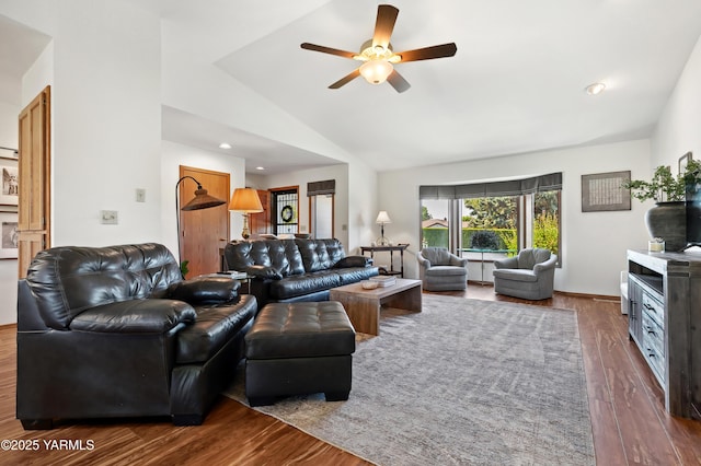 101 N 48th Ave Unit 31A, Yakima, WA 98908 - living area featuring ceiling fan, dark wood-type flooring, high vaulted ceiling, and recessed lighting