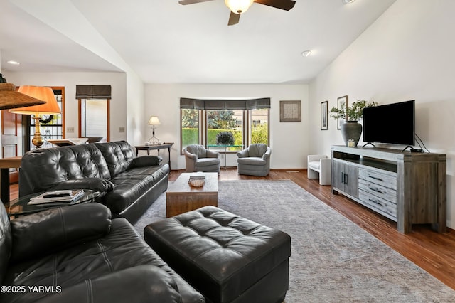 101 N 48th Ave Unit 31A, Yakima, WA 98908 - living room with lofted ceiling, a ceiling fan, wood finished floors, and recessed lighting