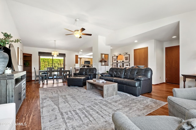 101 N 48th Ave Unit 31A, Yakima, WA 98908 - living room featuring lofted ceiling, ceiling fan, dark wood-style floors, and recessed lighting