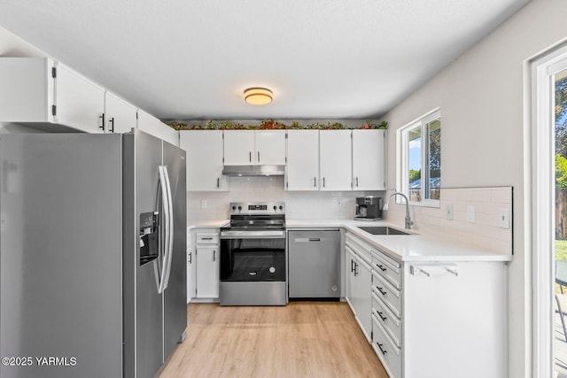 1805 S 66th Ave, Yakima, WA 98908 - kitchen featuring appliances with stainless steel finishes, under cabinet range hood, decorative backsplash, light wood-style floors, and white cabinets