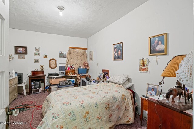 bedroom with carpet and a textured ceiling