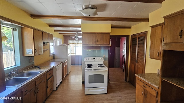 807 S 11th Ave, Yakima, WA 98908 - kitchen with white appliances, light wood-style flooring, brown cabinets, healthy amount of natural light, and beamed ceiling