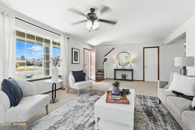 5807 W Whatcom Ave, Yakima, WA 98903 - carpeted living room with ceiling fan and stairway