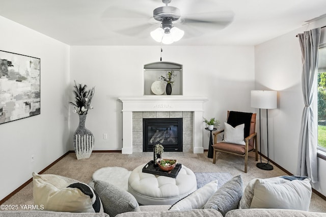 5807 W Whatcom Ave, Yakima, WA 98903 - carpeted living room featuring a ceiling fan and a fireplace