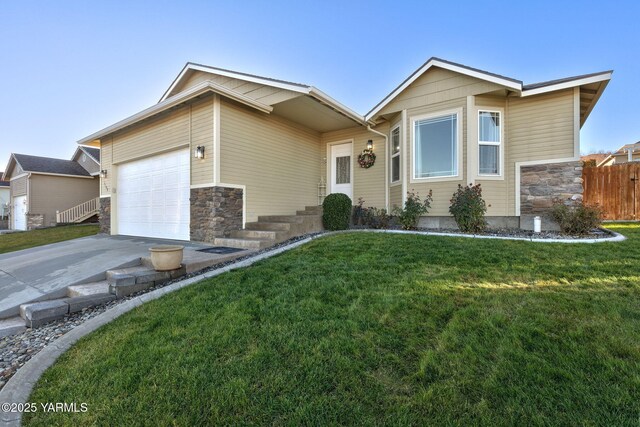 single story home with a garage, stone siding, a front lawn, and concrete driveway