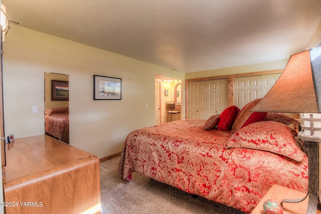 bedroom featuring carpet floors, a textured ceiling, and multiple closets