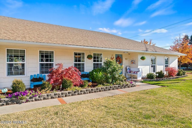 single story home featuring a front lawn and roof with shingles