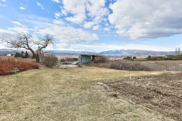 view of yard featuring a rural view, an outdoor structure, and a mountain view