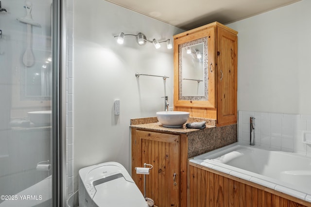 full bath featuring vanity, a stall shower, and a bath