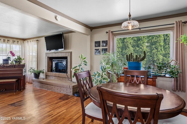 dining space featuring a fireplace and wood finished floors