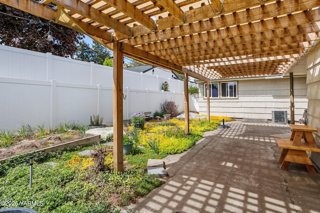 view of patio / terrace featuring a pergola, cooling unit, and a fenced backyard