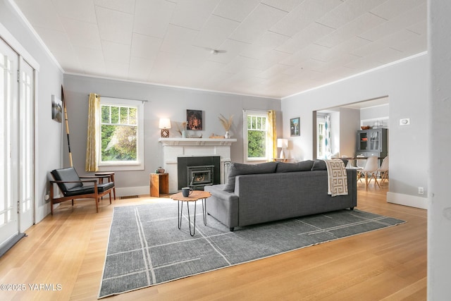 living room with crown molding, wood finished floors, and plenty of natural light
