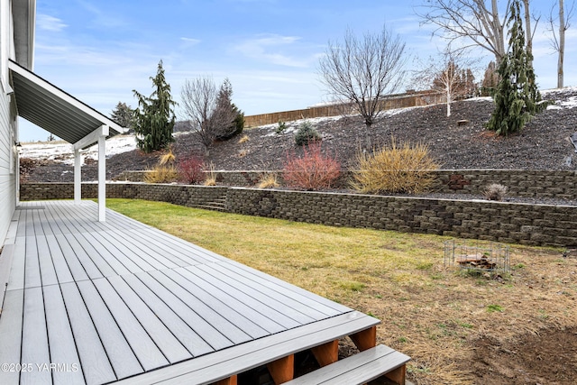 wooden deck with a yard and fence