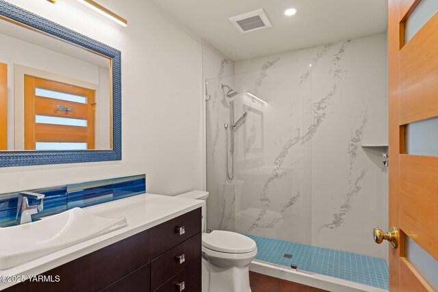 8 N 96th Ave, Yakima, WA 98908 - full bath featuring a marble finish shower, vanity, recessed lighting, and tile patterned flooring