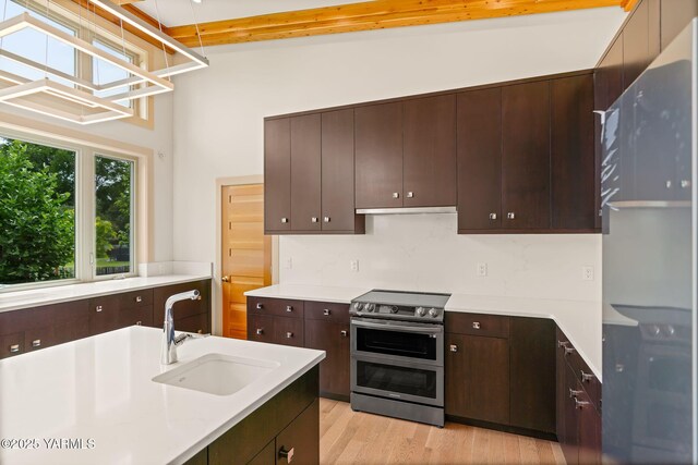8 N 96th Ave, Yakima, WA 98908 - kitchen featuring double oven range, light countertops, light wood-style floors, dark brown cabinets, and under cabinet range hood